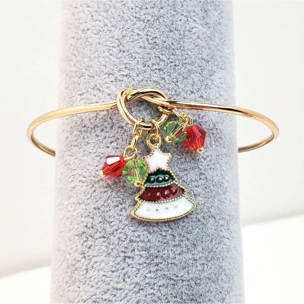 Christmas Tree Charm Gold Tone Cuff Bangle Adjustable Bracelet